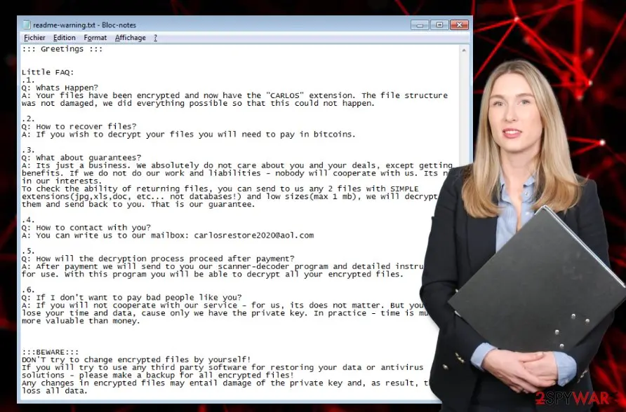 Screenshot of CARLOS ransomware: virus