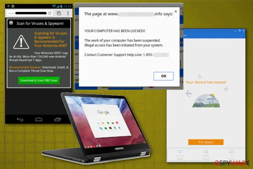 Fake virus scan page, Fix issues app dashboard and computer locked dialog shown with a Chromebook