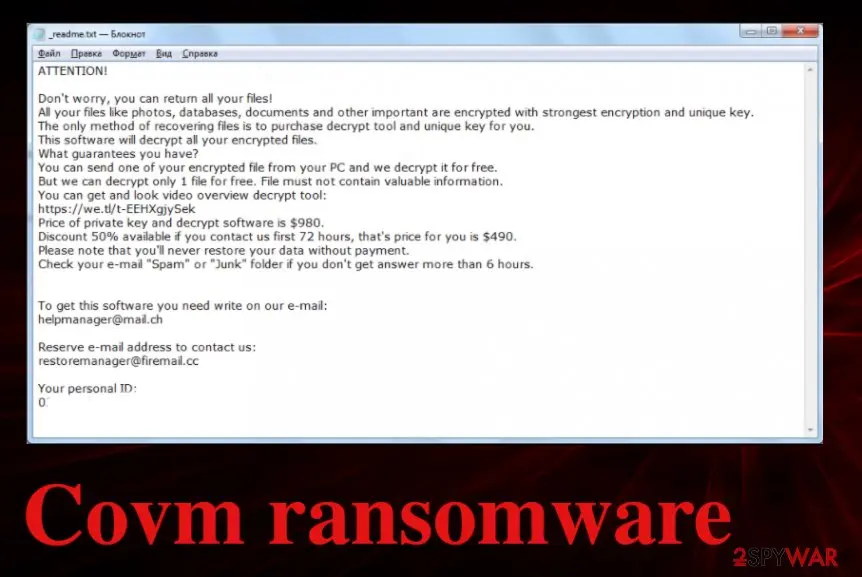 Screenshot of Covm ransomware: virus
