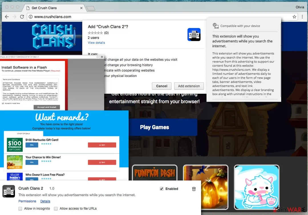Screenshot of CrushClans ads: virus