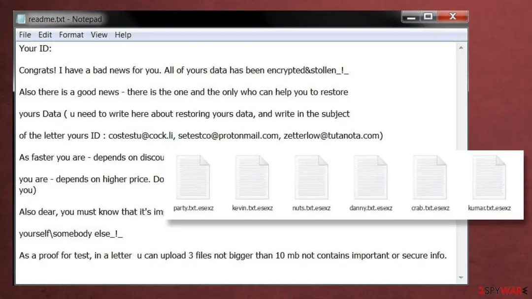 Screenshot of Esexz ransomware: virus