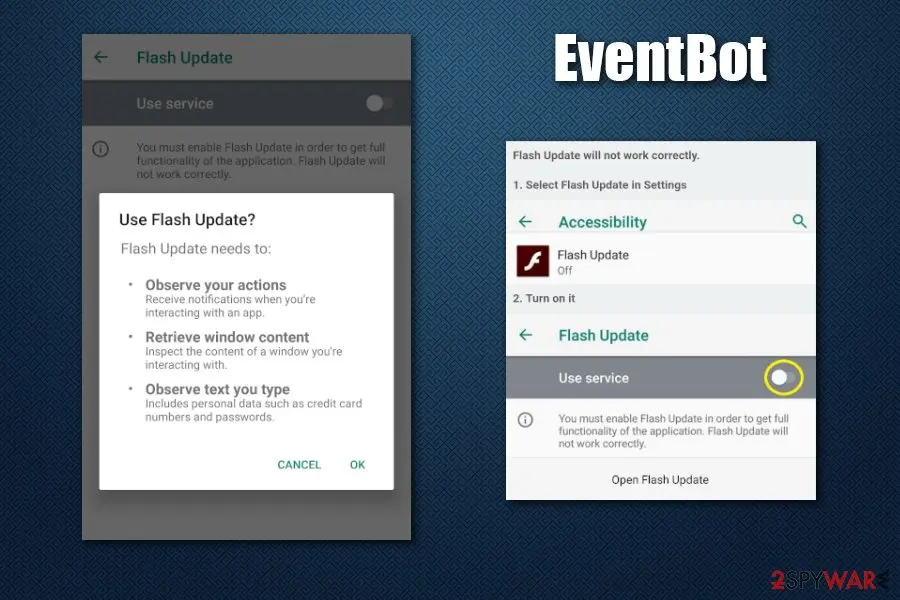 EventBot: steals information from financial apps pretents to be flash player