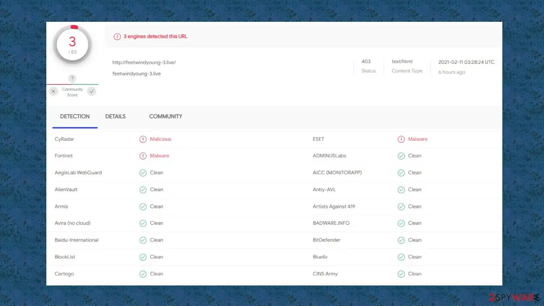 Screenshot of Feetwindyoung ads: virustotal
