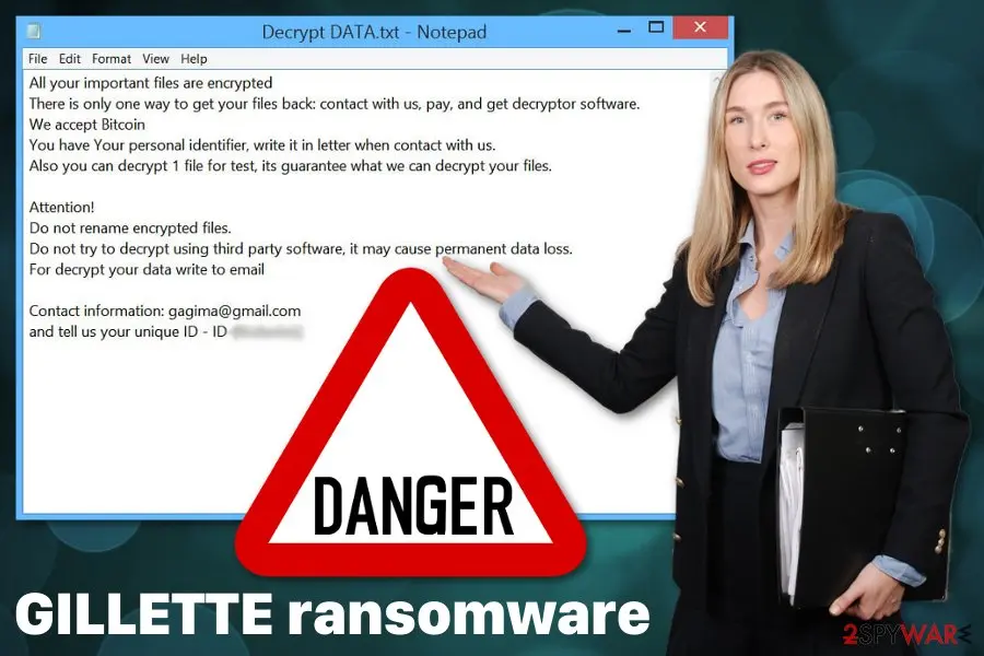 Screenshot of GILLETTE ransomware: virus