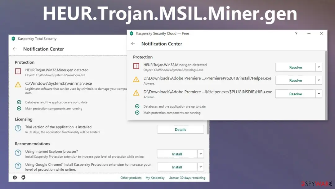 Two Kaspersky notification windows listing HEUR:Trojan.Win32.Miner.gen for winlogui.exe, a winrmsrv.exe warning and adware warnings for downloaded installer files