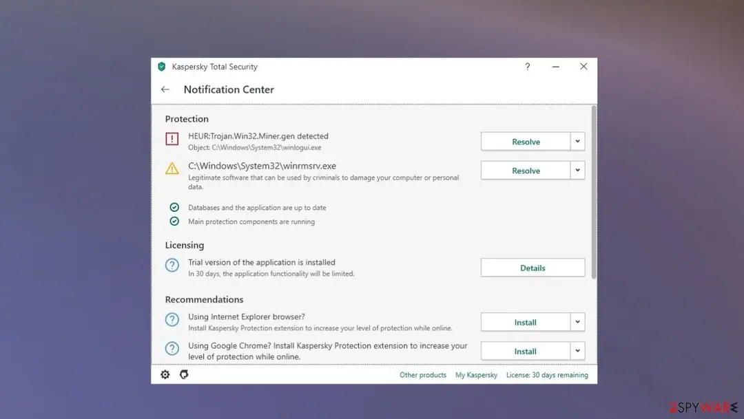 A Kaspersky Total Security Notification Center window listing HEUR:Trojan.Win32.Miner.gen for winlogui.exe and a warning for winrmsrv.exe