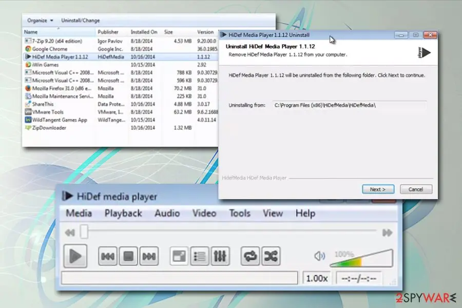 HiDef Media Player: uninstall via control panel