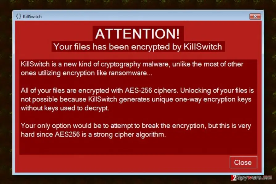 KillSwitch ransomware virus: screenshot