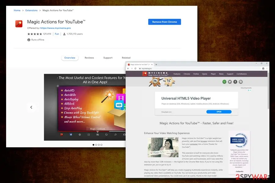 My Cinema Pro: magic actions for youtube extension adware