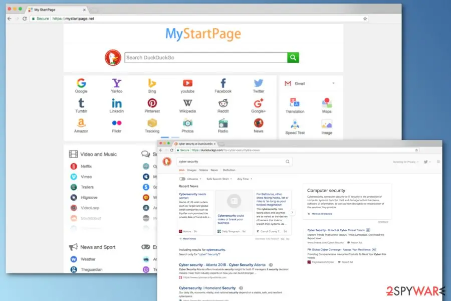 Screenshot of Mystartpage.net: mystartpage virus