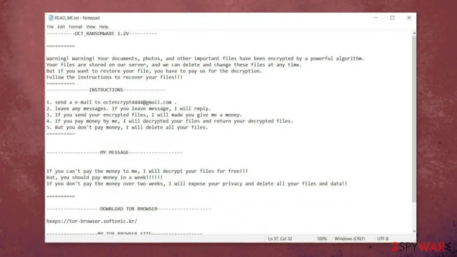 Screenshot of Oct ransomware: screenshot