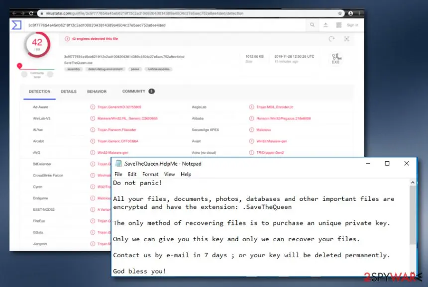 Screenshot of SaveTheQueen ransomware: virus