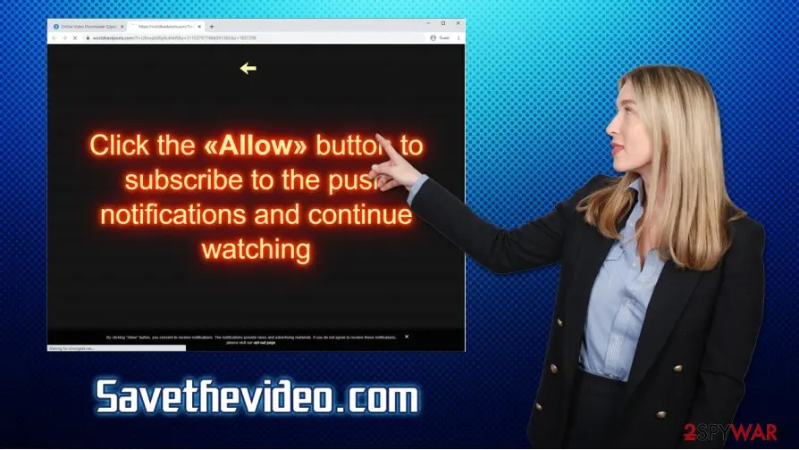 A page opened from a SaveTheVideo.com ad in 2020 asking to click Allow to continue watching
