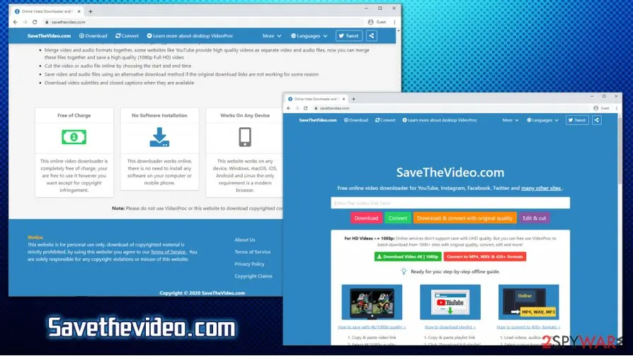 SaveTheVideo.com home page in July 2020 offering YouTube, Instagram, Facebook and Twitter downloads