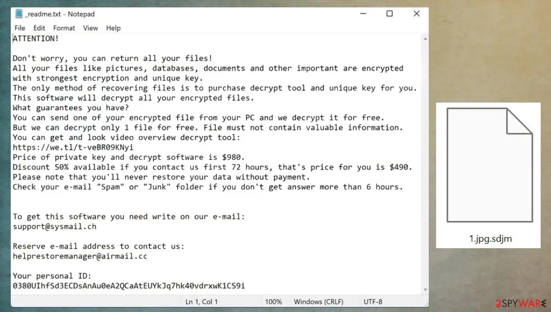 Screenshot of Sdjm ransomware: virus