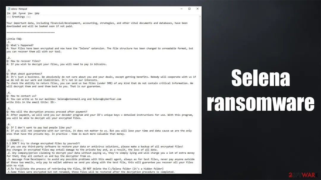 Screenshot of Selena ransomware: virus