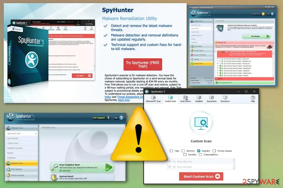 Collage of the SpyHunter 5 and SpyHunter 4 windows and the vendor's 2019 trial offer with the six-month price
