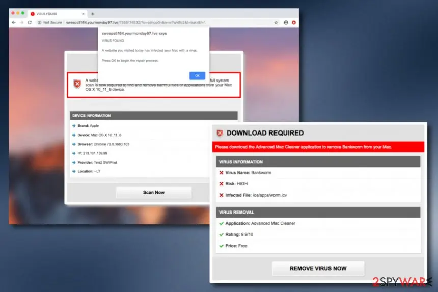 Advanced Mac Cleaner virus: sweeps5164 yourmonday97 live scam