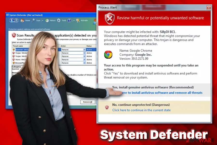 System Defender: malicious software shows fake alerts