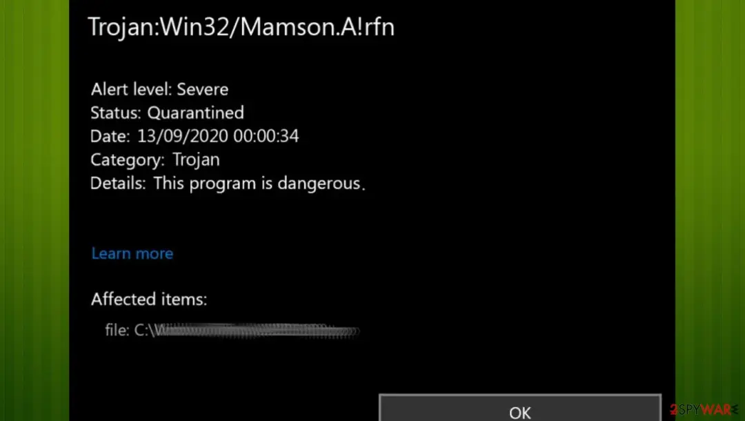 Screenshot of Trojan:Win32/Mamson!MSR: trojan mamson