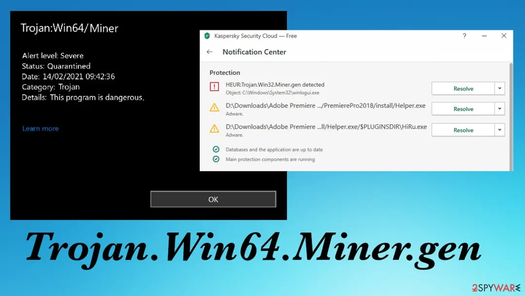 A black alert window headed Trojan:Win64/Miner next to a Kaspersky Security Cloud Free Notification Center listing HEUR:Trojan.Win32.Miner.gen and two adware items