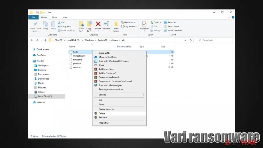 Vari ransomware: delete windows hosts file