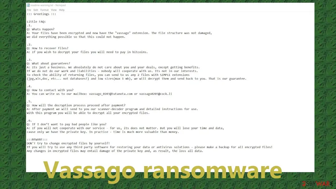 Screenshot of Vassago ransomware: cover