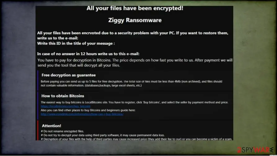 Screenshot of Ziggy ransomware: screenshot