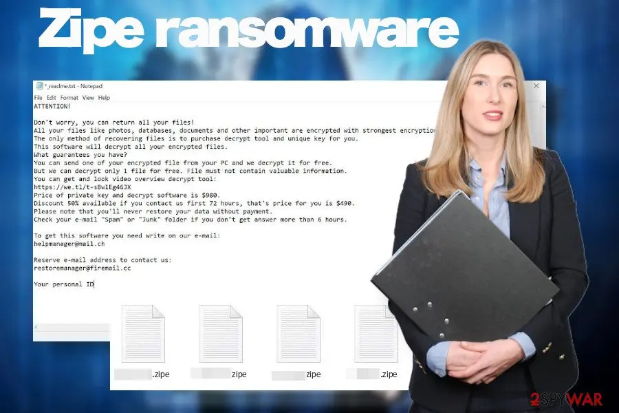 Screenshot of Zipe ransomware: virus