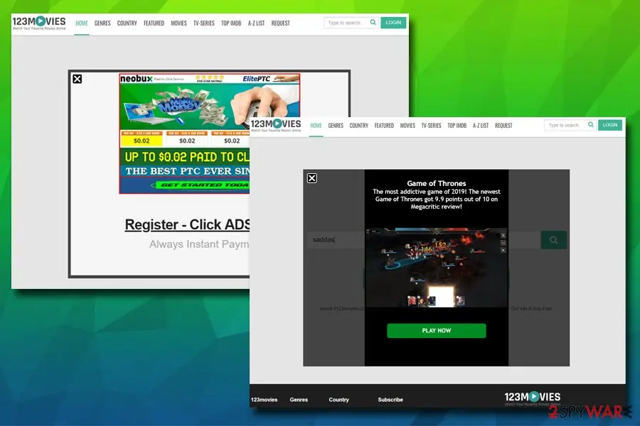 Two ad overlays on 123Movies-style pages: a paid-to-click advertisement and a game advertisement with a Play Now button