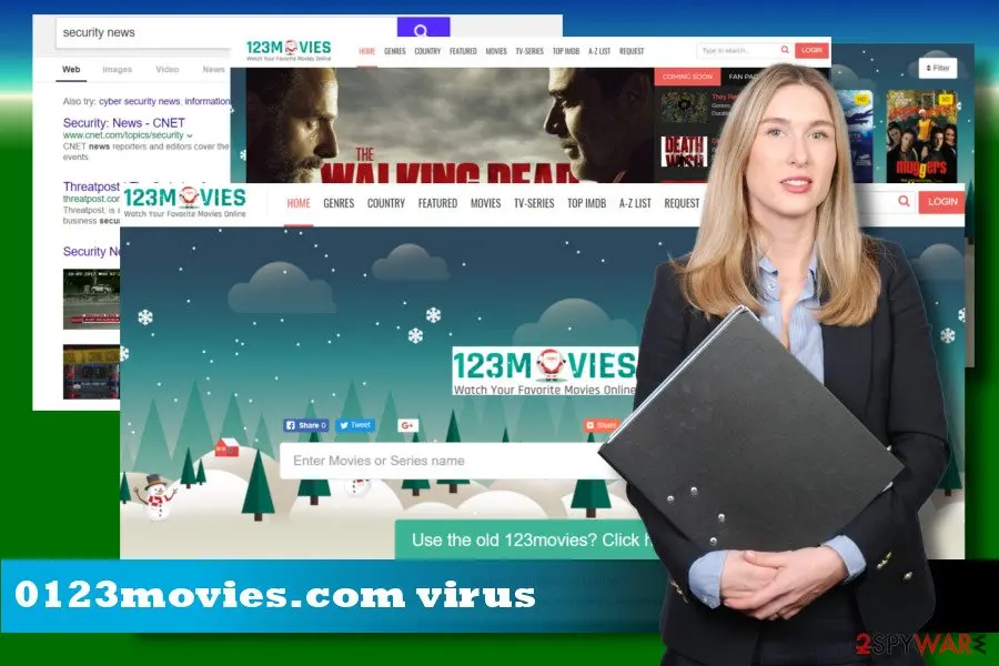 Collage from our 2021 report: 0123movies pages with a search results page behind them and a woman holding a folder
