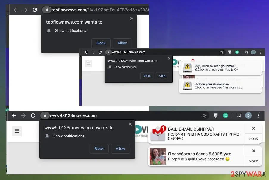 Chrome prompts from www9.0123movies.com and topflownews.com asking to show notifications, with unwanted notifications beside them