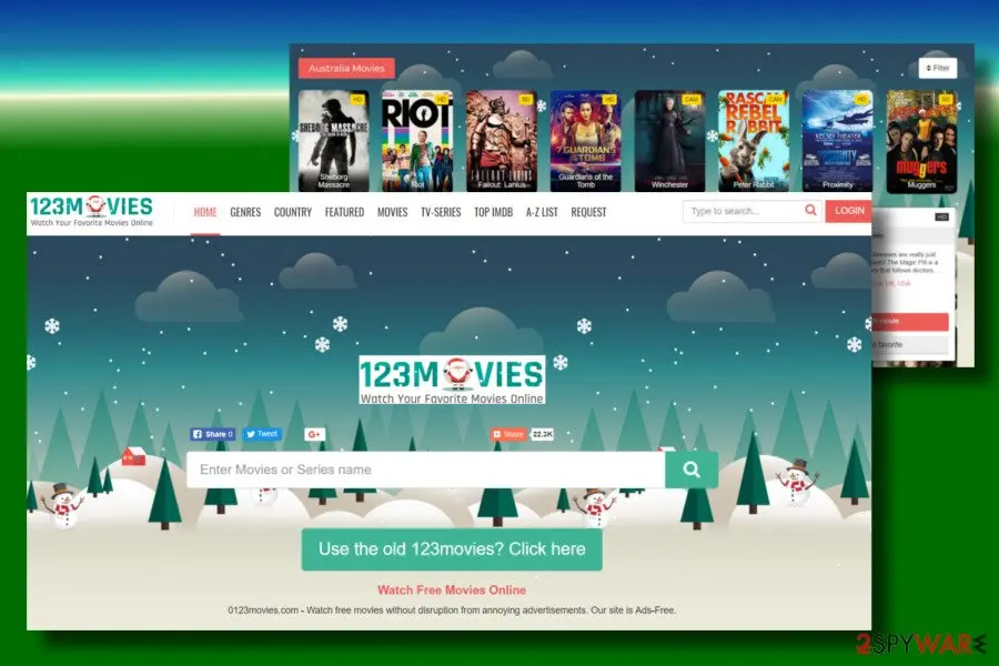 0123movies.com in 2021: the 123Movies-style front page with a search box, the Christmas theme and the line saying the site is ad-free