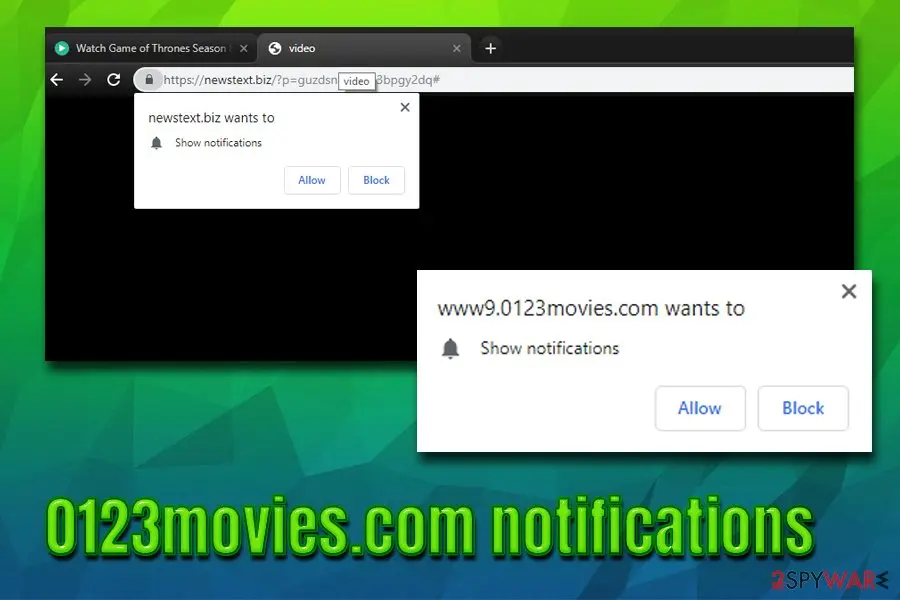 Chrome prompts from newstext.biz and www9.0123movies.com asking to show notifications