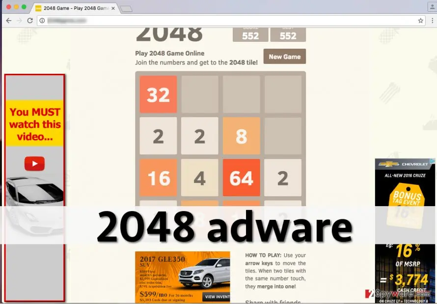 A Chrome window on a 2048 game page with its address blurred: a red-framed video banner on the left reading You MUST watch this video, a car advert on the right and a car advert under the game board