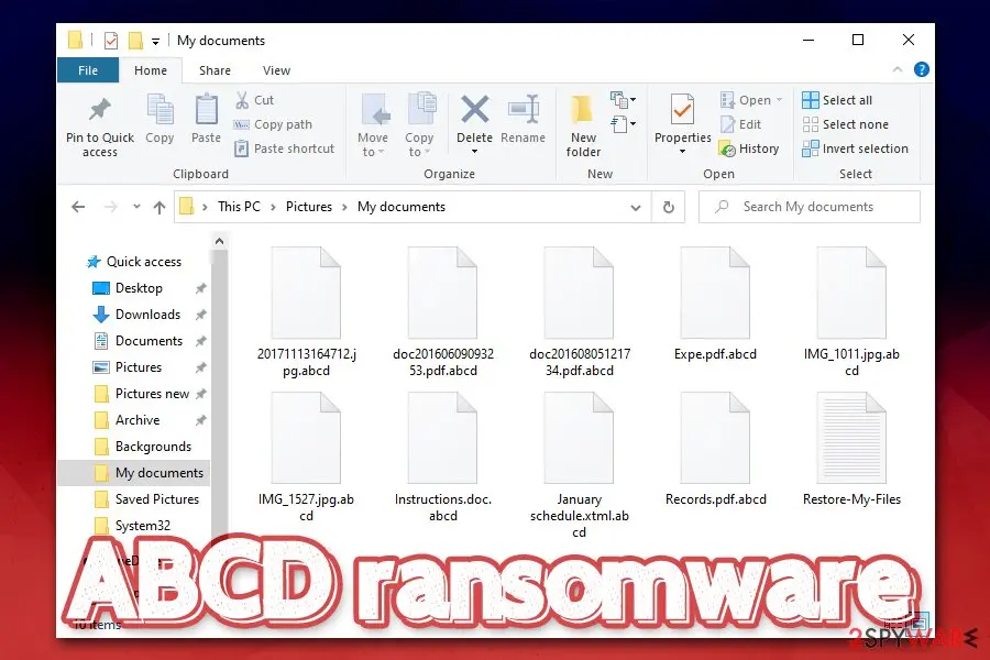 Windows File Explorer folder My documents with files named jpg.abcd, pdf.abcd and a Restore-My-Files text file