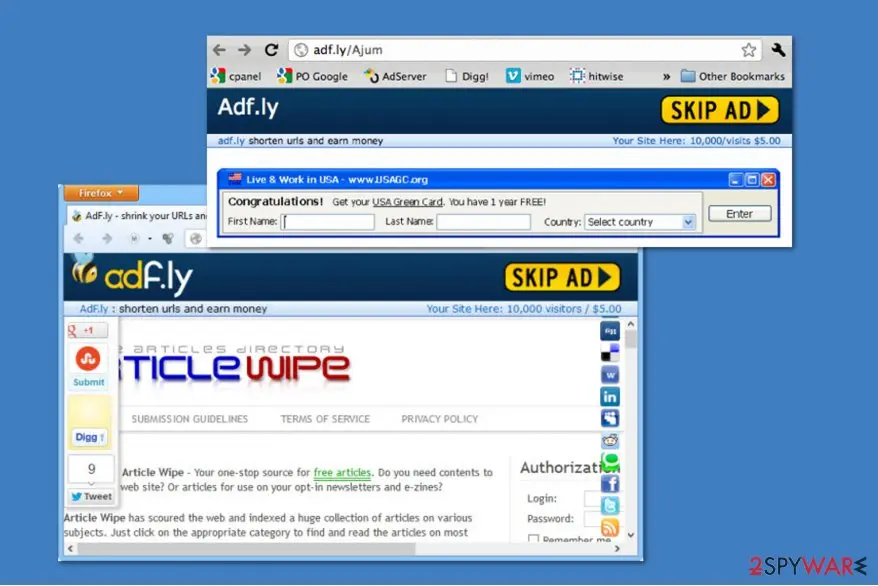 Adf.ly interstitial in 2019 with a Skip Ad button and a fake Congratulations window about a USA Green Card