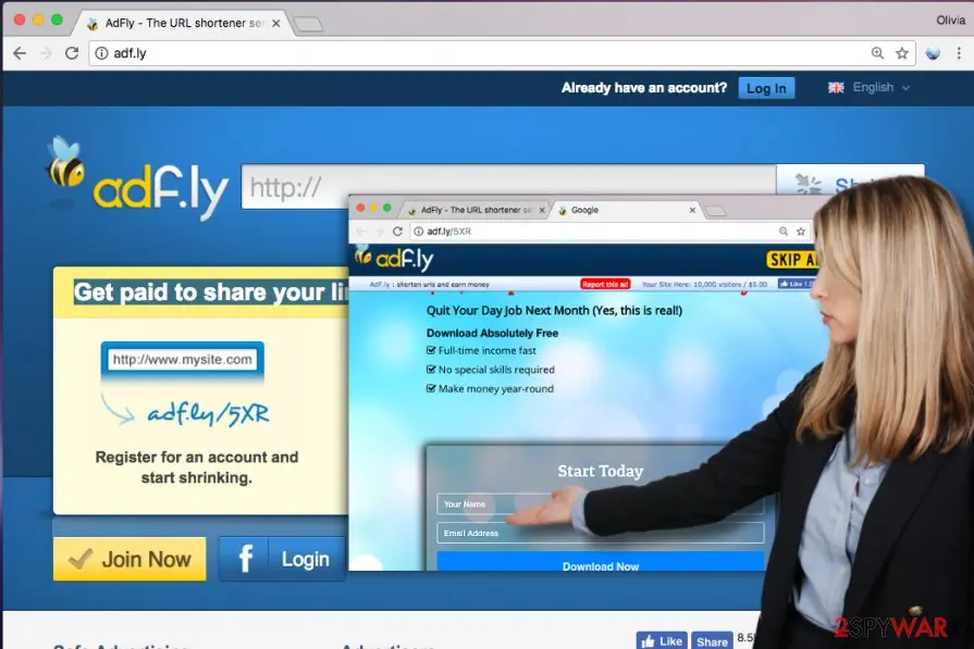 Adf.ly home page in 2019 with an Adf.ly ad page in a smaller window above it