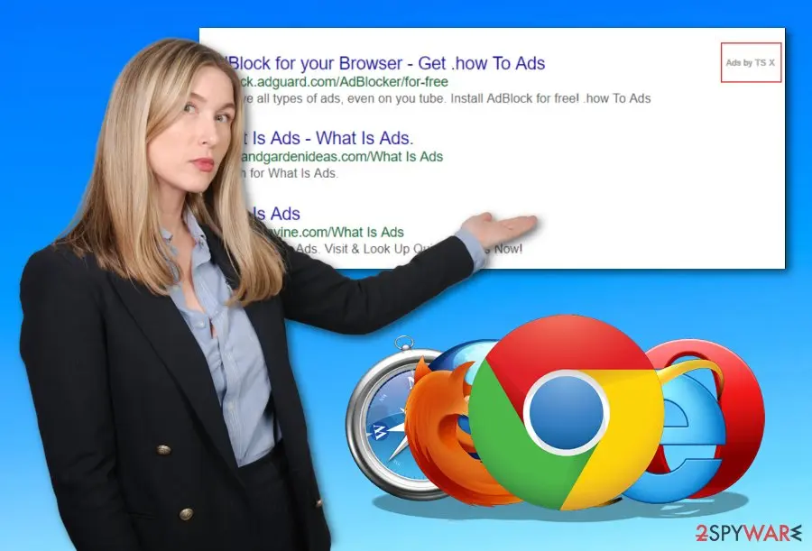 Search results with the label Ads by TS X marked by a red box in the top right corner, beside browser logos and a stock photo of a woman