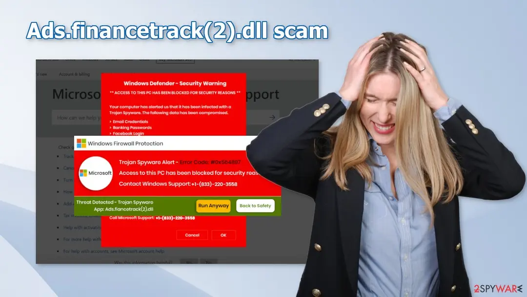 A red fake Windows Defender Security Warning box over a faded Microsoft support page, with a Windows Firewall Protection dialog naming a Trojan Spyware Alert and Run Anyway and Back to Safety buttons