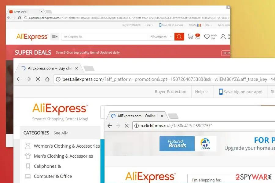 Three overlapping browser windows from our 2018 report: superdeals.aliexpress.com with a Super Deals banner, best.aliexpress.com with the AliExpress category list, and a page loading from n.clickforms.ru with a Featured Brands banner
