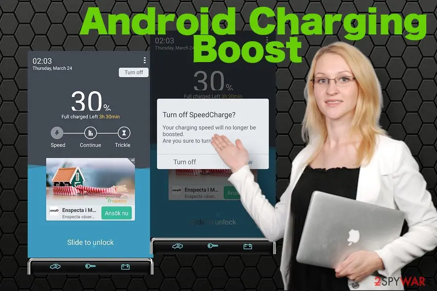 Two phone screens with a charging page and a Turn off SpeedCharge dialog next to a woman holding a laptop and the words Android Charging Boost