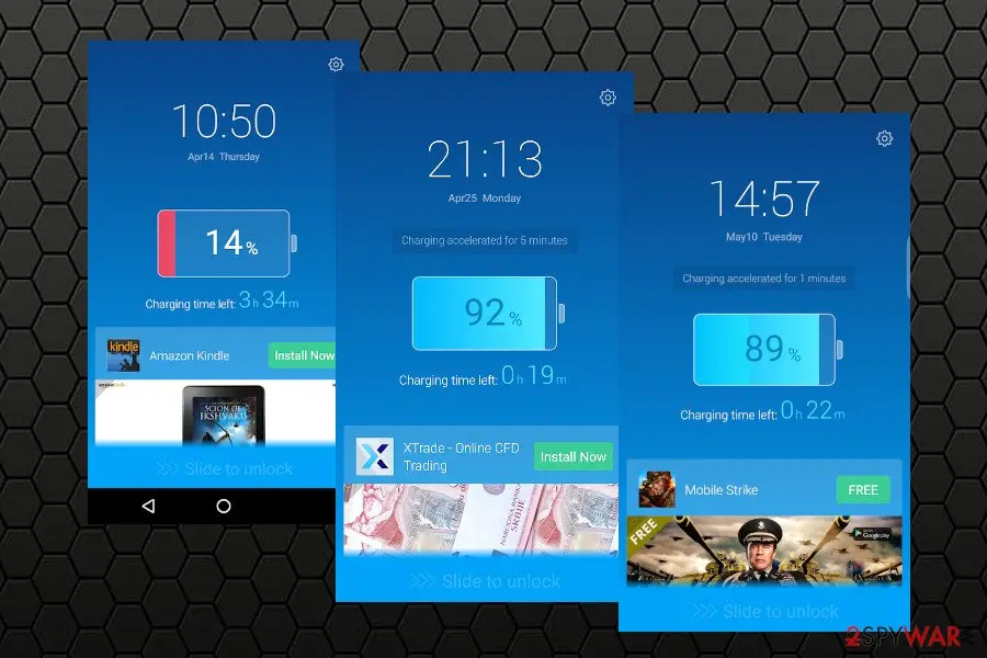 Three phone screens with a blue charging page showing the time, a battery at 14, 92 and 89 percent and an ad banner for Amazon Kindle, XTrade and Mobile Strike above a Slide to unlock bar