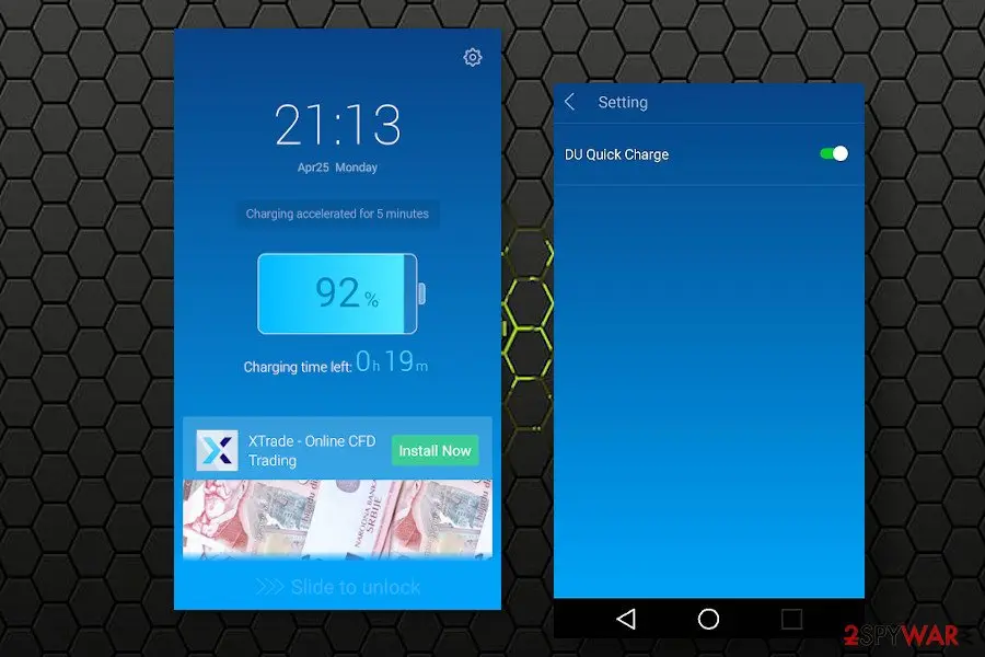 A blue charging page with an XTrade ad next to a settings screen with a DU Quick Charge switch turned on