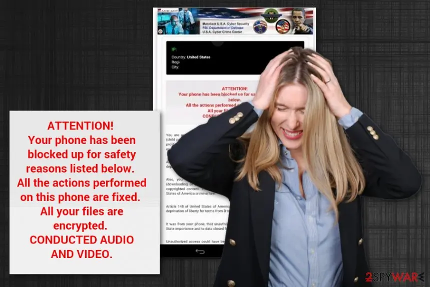 Stock photo of a distressed woman in front of an enlarged Android police lock screen saying the phone is blocked and files are encrypted