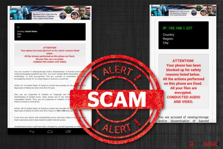 Two Android police lock screens with a fake FBI banner, a box for IP address, country and city, and a red SCAM stamp over them