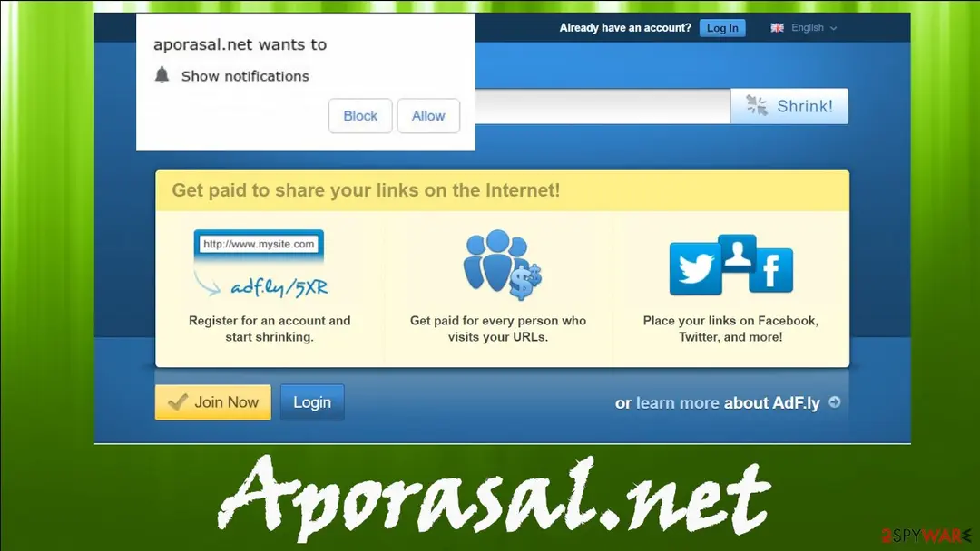 The Chrome box 'aporasal.net wants to Show notifications' with Block and Allow buttons, drawn over the Adf.ly page 'Get paid to share your links on the Internet!'