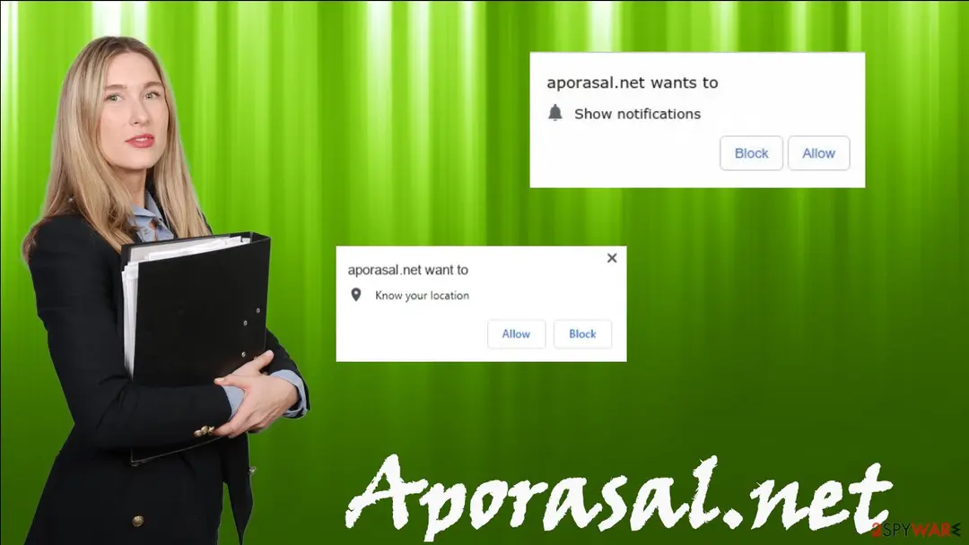 A woman in a dark jacket holding a black folder beside two browser boxes: 'aporasal.net wants to Show notifications' and 'aporasal.net want to Know your location', each with Allow and Block buttons