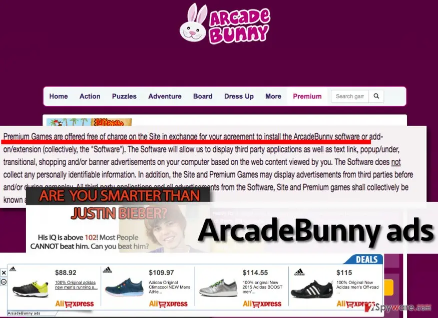 ArcadeBunny ads: arcadebunny adware official page and examples of ads
