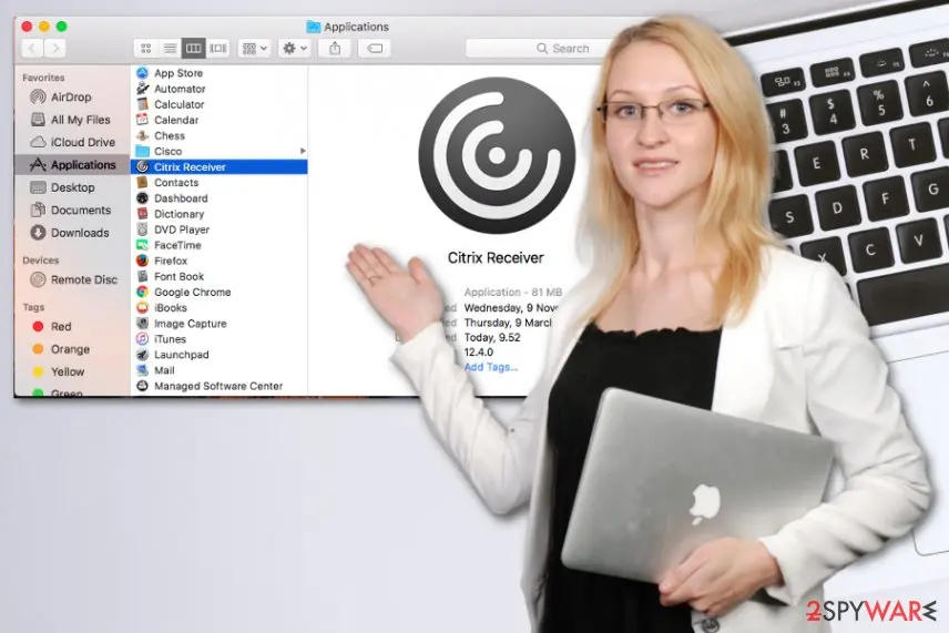 Finder window listing Citrix Receiver 12.4.0 in Applications, with a woman holding a laptop in front